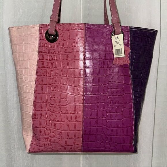 Valerie Stevens Four Tone Warm Purple Pink Croc Print Genuine Leather Tote - Picture 3 of 12